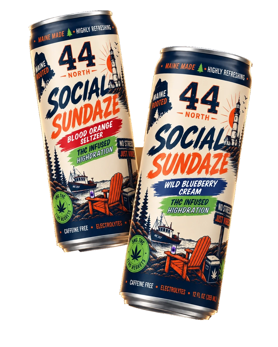 Wild Blueberry Cream and Blood Orange Seltzer Social Sundaze slim cans in warm sunset light