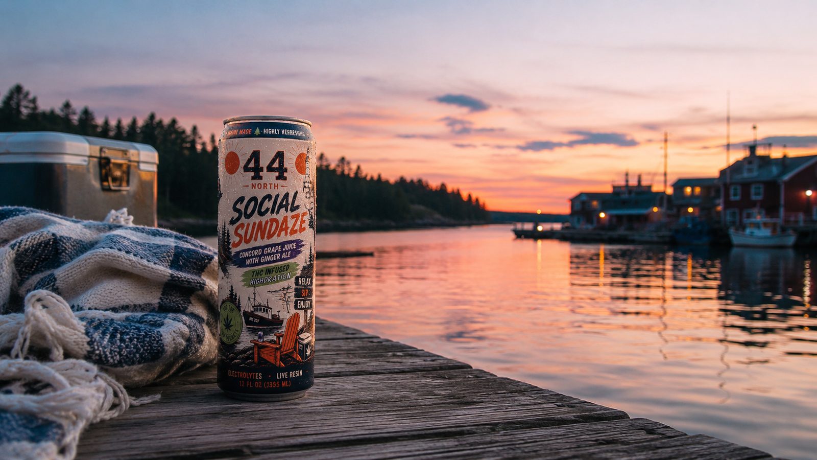 A Social Sundaze can on a dock overlooking a Maine harbor at sunset